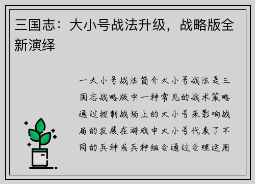 三国志：大小号战法升级，战略版全新演绎